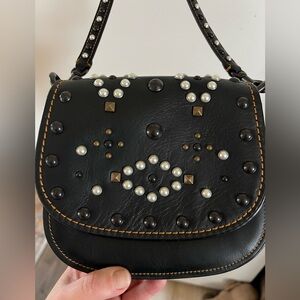 Coach VINTAGE Black Leather Crossbody Bag with Studs and Pearls